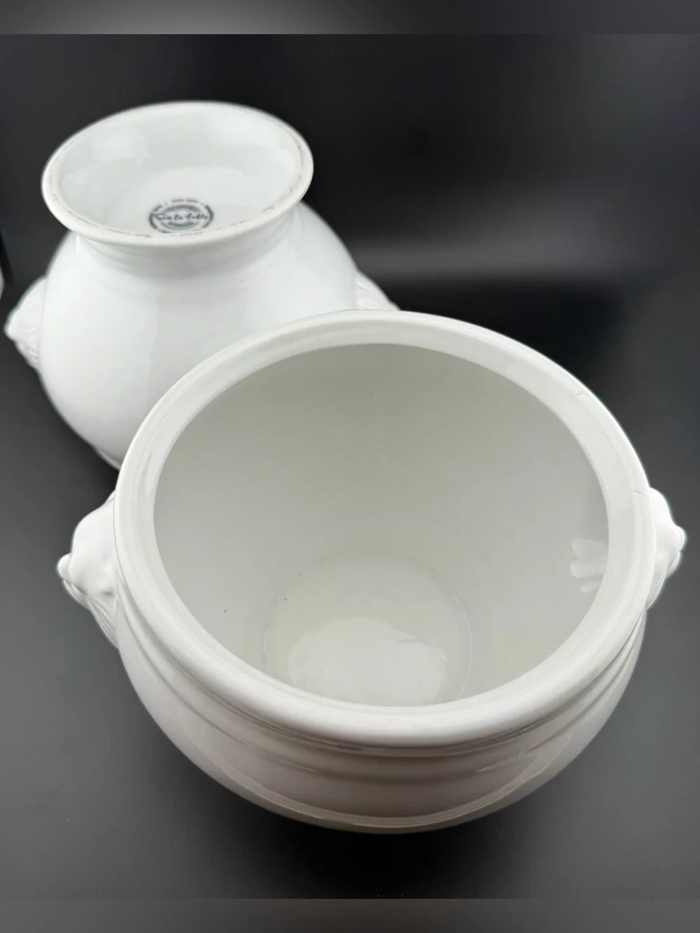 2 Sur La Table lion head handles soup bowls. Large. White porcelain. 38 oz